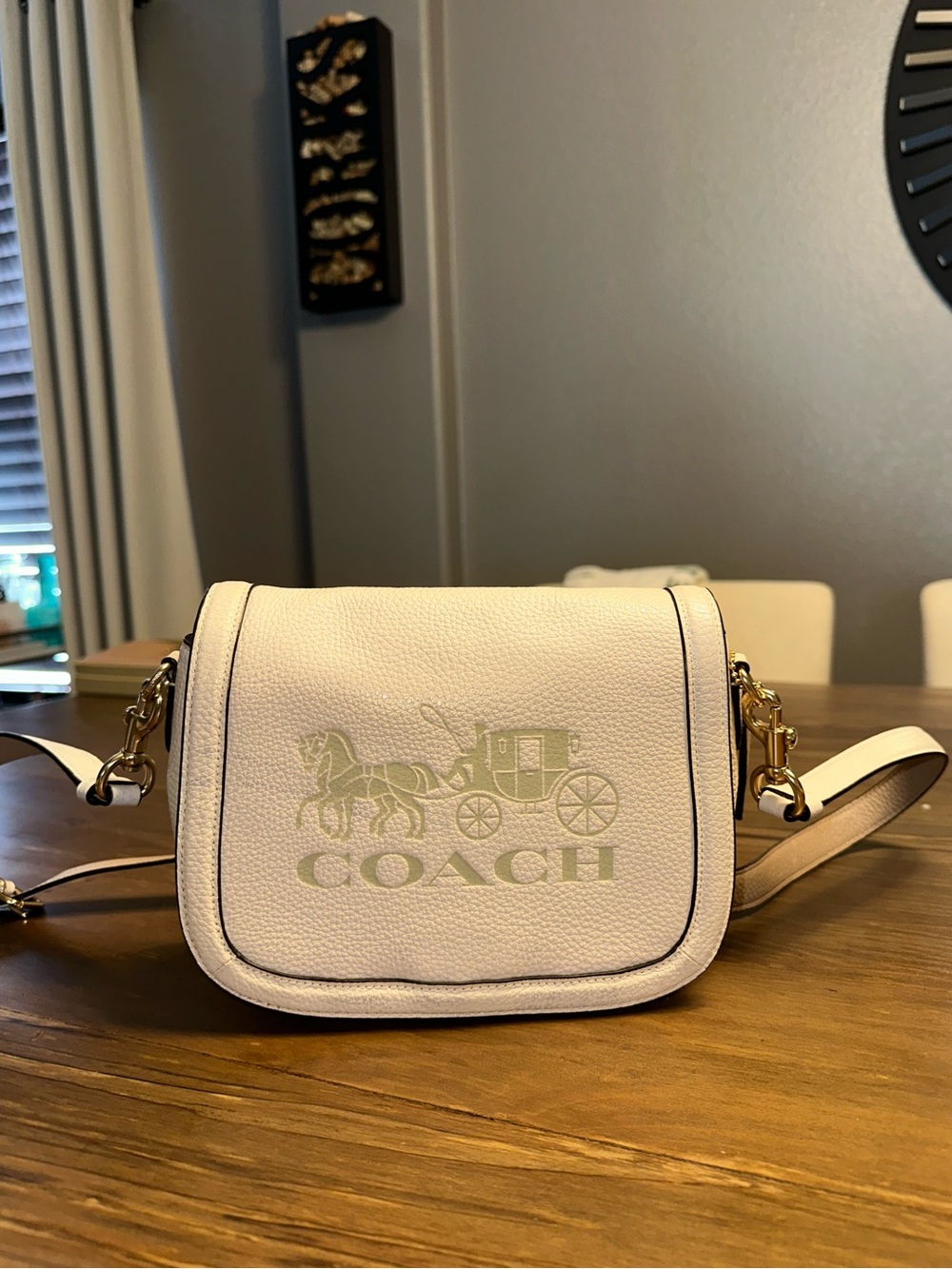 COACH Cream Pebbled Leather Saddle Bag with Logo Carriage